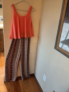 Jumpsuit With Coral Sleeveless Top and Patterned Wide-Leg Pants